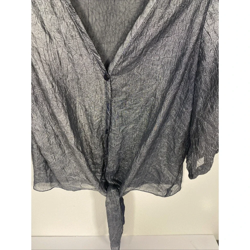 Love Culture Women's Size L V Neck L/S Shimmer Black Sheer Top Tie‎ At Waist H1